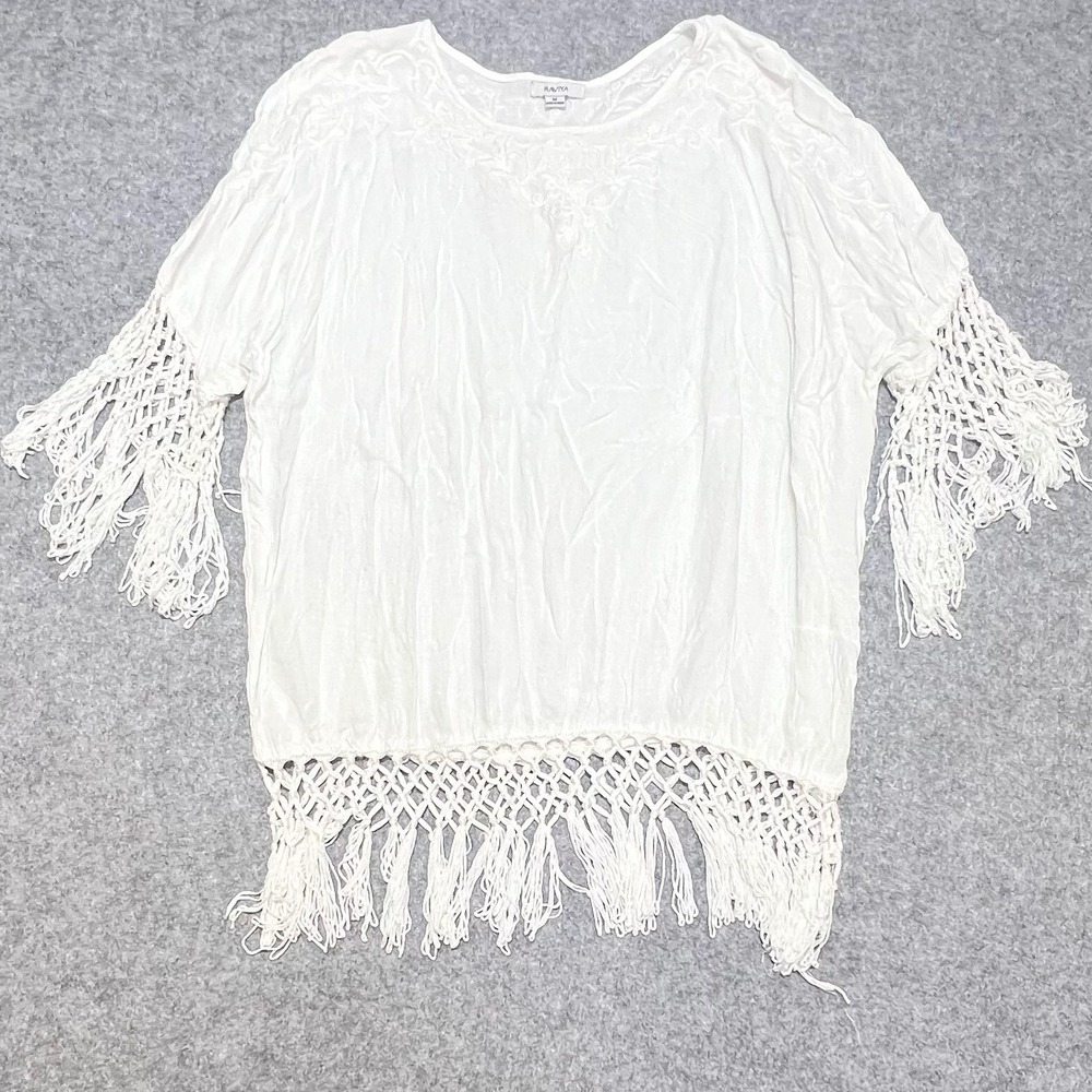Raviya White Rayon Embroidered Fringe Macrame Beach Cover Up Top Womens Medium